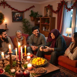 An engineer celebrating Yalda night with friends, surrounded by traditional decorations such as pomegranate, nuts, and candles, rich with warm lighting