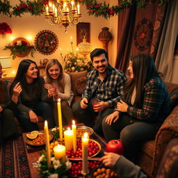 An engineer celebrating Yalda night with friends, surrounded by traditional decorations such as pomegranate, nuts, and candles, rich with warm lighting
