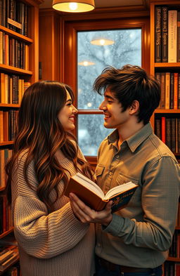 A romantic scene between a couple in a cozy bookstore, surrounded by shelves filled with books