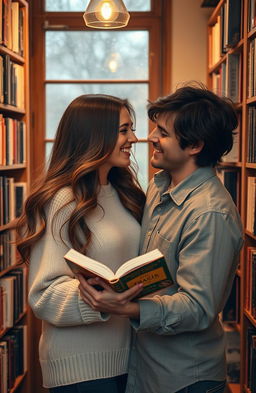 A romantic scene between a couple in a cozy bookstore, surrounded by shelves filled with books