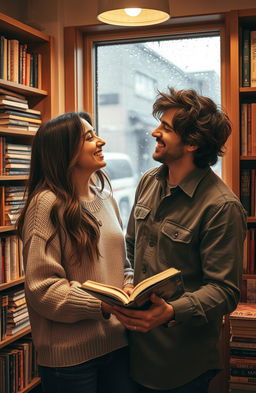 A romantic scene between a couple in a cozy bookstore, surrounded by shelves filled with books