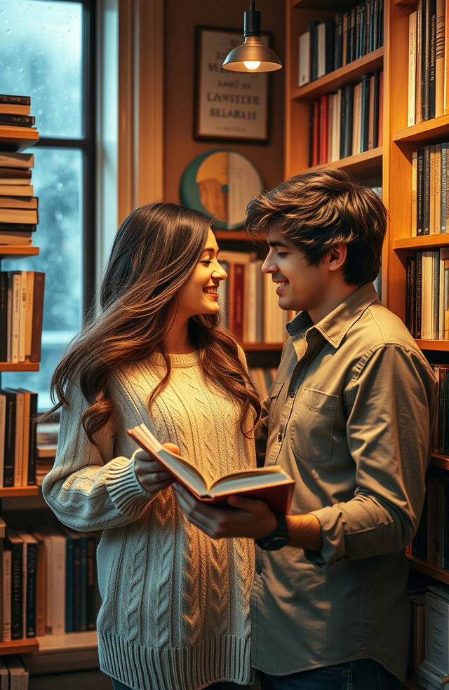 A romantic scene between a couple in a cozy bookstore, surrounded by shelves filled with books