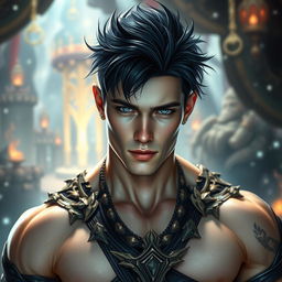 A stunningly handsome young man with a chiseled jawline and well-defined muscles, exuding strength and charisma