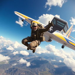 A dynamic scene of a character jumping out of an airplane in a freefall, inspired by a high-energy battle royale game like Freefire