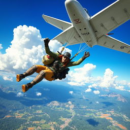 A dynamic scene of a character jumping out of an airplane in a freefall, inspired by a high-energy battle royale game like Freefire