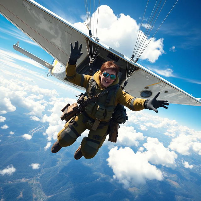 A dynamic scene of a character jumping out of an airplane in a freefall, inspired by a high-energy battle royale game like Freefire