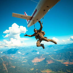 A dynamic scene of a character jumping out of an airplane in a freefall, inspired by a high-energy battle royale game like Freefire