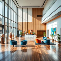 A stylish and contemporary lobby design for a Faculty of Fine Arts, showcasing an elegant blend of modern and artistic elements