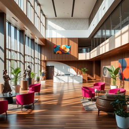 A stylish and contemporary lobby design for a Faculty of Fine Arts, showcasing an elegant blend of modern and artistic elements