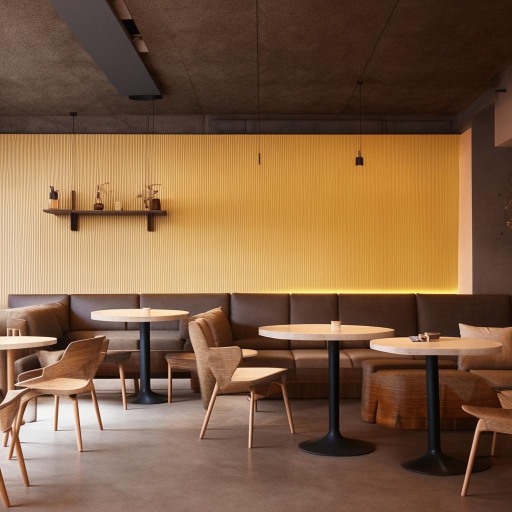 A contemporary style cafe, designed with a concept of balance, harmonizing modern furniture with minimalist decor.