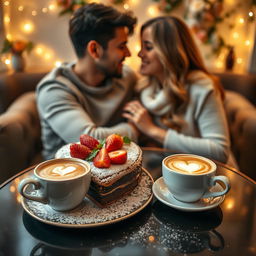 A romantic scene set in a cozy cafe, with a beautifully arranged table featuring a decadent dessert shaped like a heart, dusted with powdered sugar and garnished with fresh strawberries and mint leaves