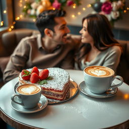 A romantic scene set in a cozy cafe, with a beautifully arranged table featuring a decadent dessert shaped like a heart, dusted with powdered sugar and garnished with fresh strawberries and mint leaves