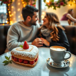 A romantic scene set in a cozy cafe, with a beautifully arranged table featuring a decadent dessert shaped like a heart, dusted with powdered sugar and garnished with fresh strawberries and mint leaves