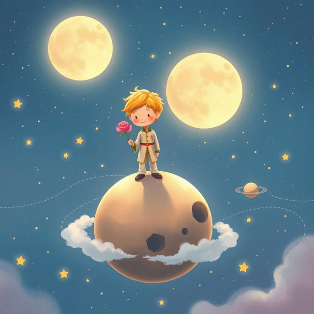 A dreamy and whimsical scene inspired by 'Le Petit Prince', featuring a small prince character with golden hair, wearing a simple outfit, standing on a small asteroid surrounded by stars