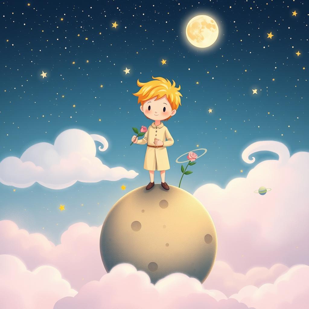 A dreamy and whimsical scene inspired by 'Le Petit Prince', featuring a small prince character with golden hair, wearing a simple outfit, standing on a small asteroid surrounded by stars