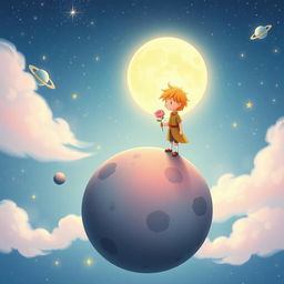 A dreamy and whimsical scene inspired by 'Le Petit Prince', featuring a small prince character with golden hair, wearing a simple outfit, standing on a small asteroid surrounded by stars