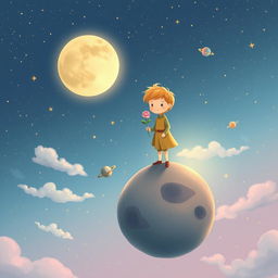 A dreamy and whimsical scene inspired by 'Le Petit Prince', featuring a small prince character with golden hair, wearing a simple outfit, standing on a small asteroid surrounded by stars