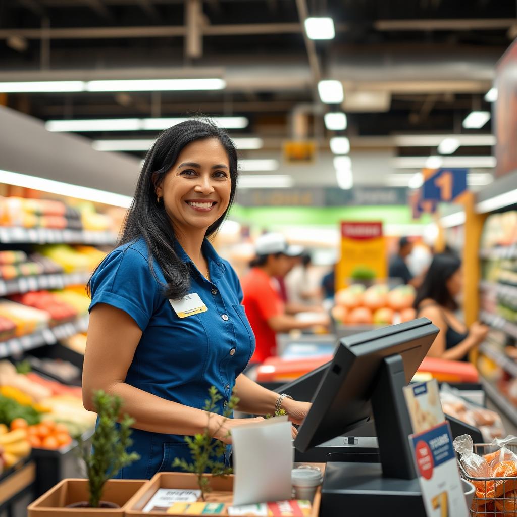 A friendly cashier at a supermarket, standing behind the register with a warm smile