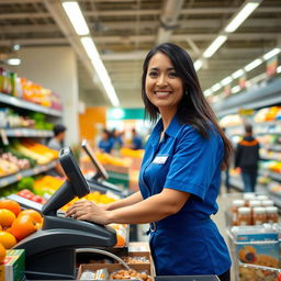 A friendly cashier at a supermarket, standing behind the register with a warm smile