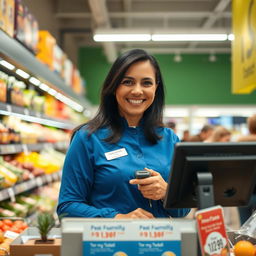 A friendly cashier at a supermarket, standing behind the register with a warm smile