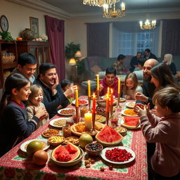 A vibrant and festive Yalda Night celebration, featuring a family gathered around a beautifully decorated table filled with traditional foods like pomegranates, watermelon, nuts, and sweets
