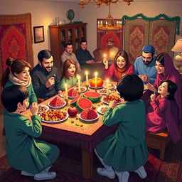 A vibrant and festive Yalda Night celebration, featuring a family gathered around a beautifully decorated table filled with traditional foods like pomegranates, watermelon, nuts, and sweets