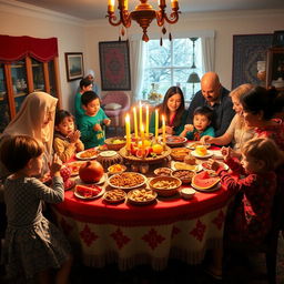 A vibrant and festive Yalda Night celebration, featuring a family gathered around a beautifully decorated table filled with traditional foods like pomegranates, watermelon, nuts, and sweets