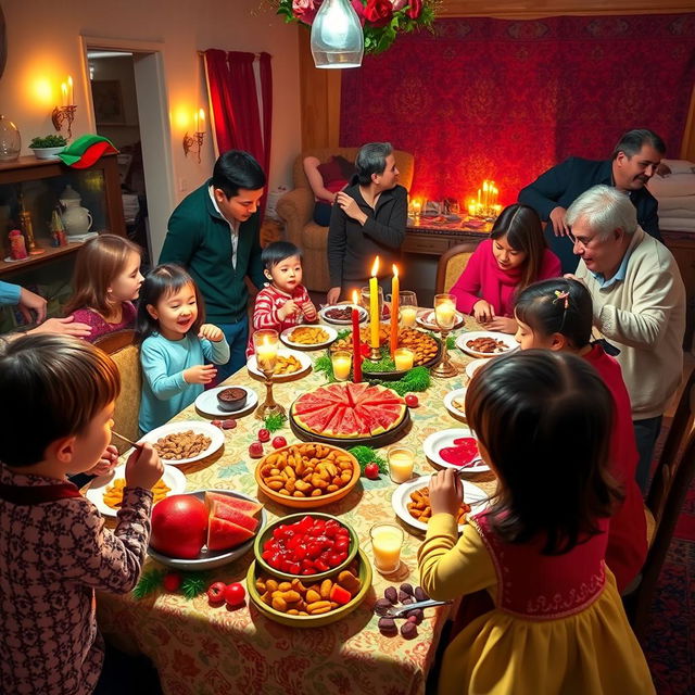 A vibrant and festive Yalda Night celebration, featuring a family gathered around a beautifully decorated table filled with traditional foods like pomegranates, watermelon, nuts, and sweets