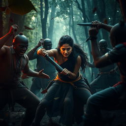 A dynamic and intense scene featuring Nayanthara, portrayed as a fierce warrior woman, engaged in a fierce battle with goons in a dense, shadowy forest