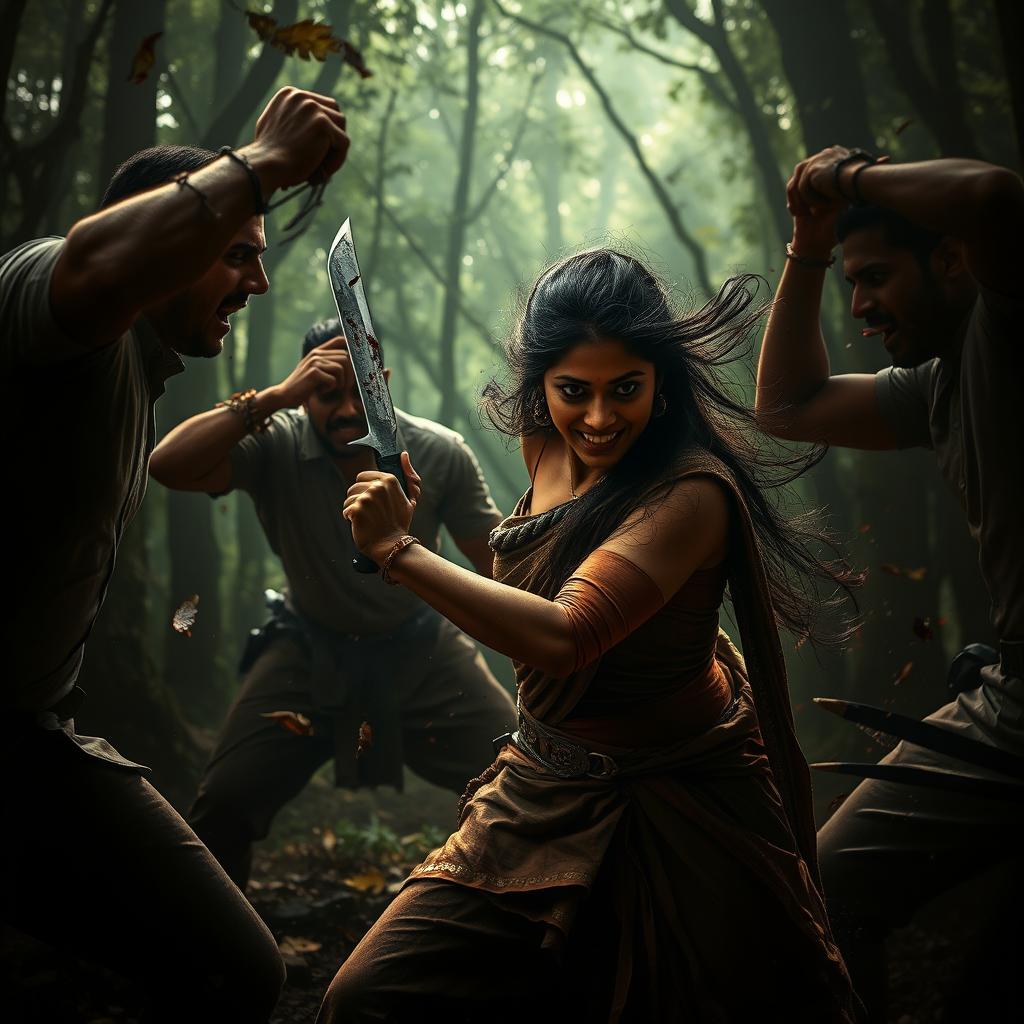 A dynamic and intense scene featuring Nayanthara, portrayed as a fierce warrior woman, engaged in a fierce battle with goons in a dense, shadowy forest