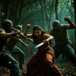 A dynamic and intense scene featuring Nayanthara, portrayed as a fierce warrior woman, engaged in a fierce battle with goons in a dense, shadowy forest
