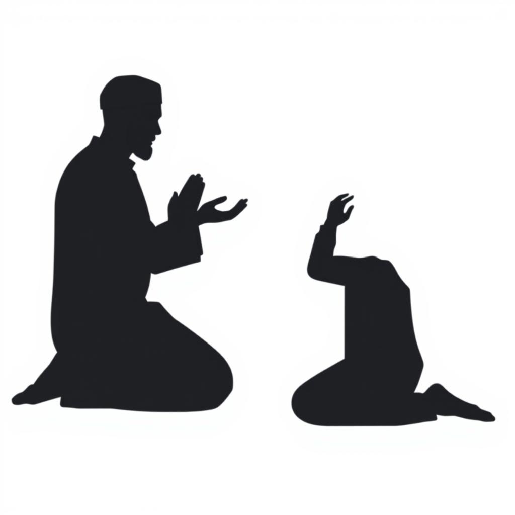 A silhouette-style vector illustration of a Muslim man in a traditional prayer pose, designed with clean, smooth outlines and minimal detail to focus on the body language and posture