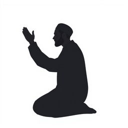 A silhouette-style vector illustration of a Muslim man in a traditional prayer pose, designed with clean, smooth outlines and minimal detail to focus on the body language and posture