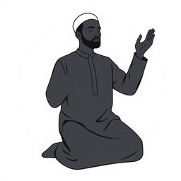 A silhouette-style vector illustration of a Muslim man in a traditional prayer pose, designed with clean, smooth outlines and minimal detail to focus on the body language and posture