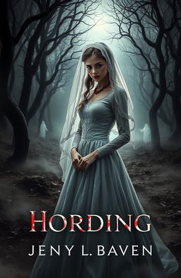 A spooky horror book cover featuring a young woman in a traditional wedding outfit, with intricate lace details and a flowing veil
