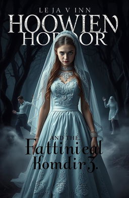 A spooky horror book cover featuring a young woman in a traditional wedding outfit, with intricate lace details and a flowing veil