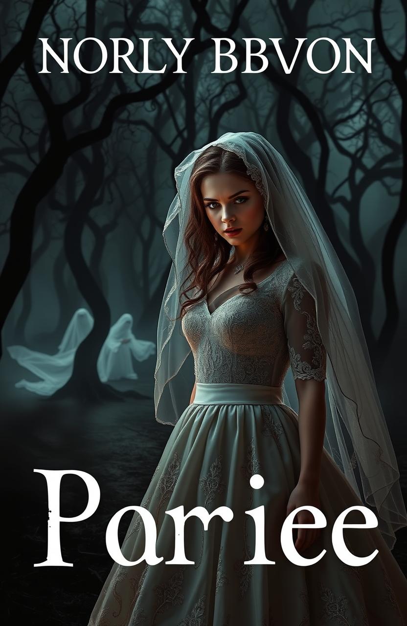 A spooky horror book cover featuring a young woman in a traditional wedding outfit, with intricate lace details and a flowing veil