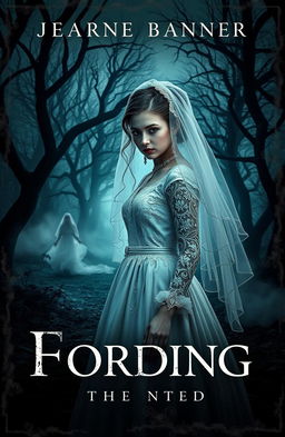 A spooky horror book cover featuring a young woman in a traditional wedding outfit, with intricate lace details and a flowing veil