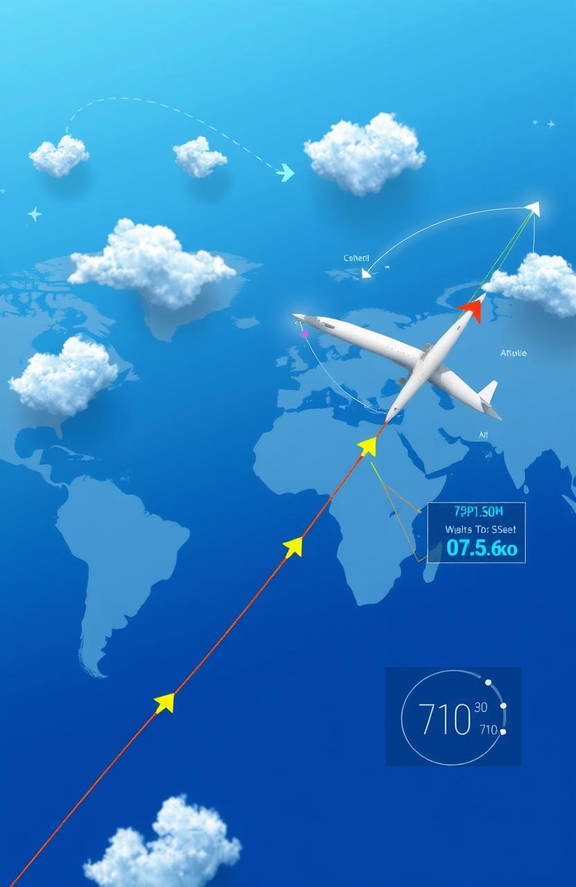 A detailed illustration of an aircraft's flight trajectory, showcasing optimal flight paths, altitude changes, and waypoints