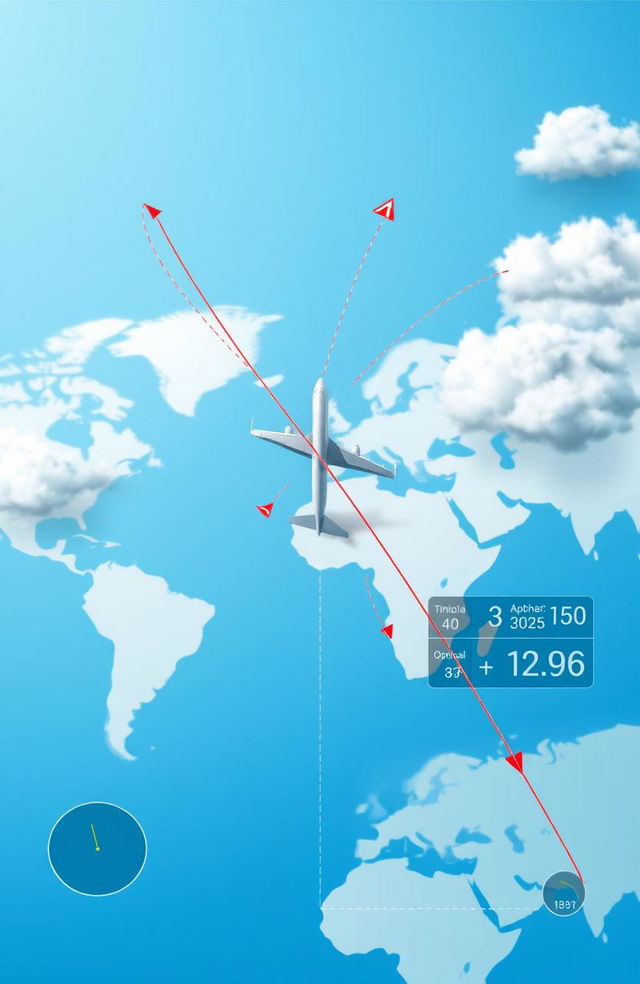 A detailed illustration of an aircraft's flight trajectory, showcasing optimal flight paths, altitude changes, and waypoints