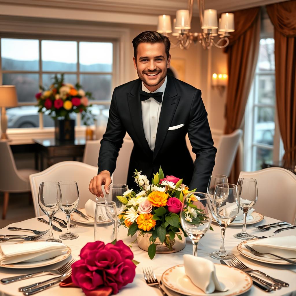 An iconic man elegantly setting a beautifully decorated dining table