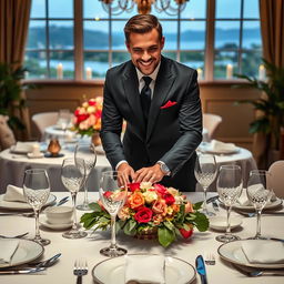 An iconic man elegantly setting a beautifully decorated dining table