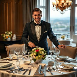 An iconic man elegantly setting a beautifully decorated dining table