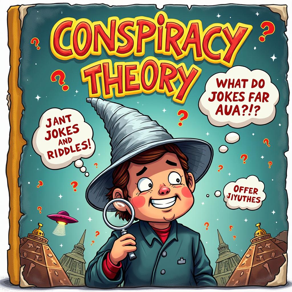 A creative and eye-catching book cover for the title 'Conspiracy Theory Jokes and Riddles'