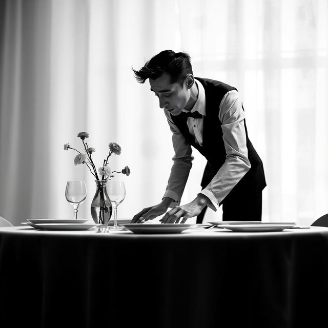 A stylized black and white image of a non-realistic man leaning over a table, elegantly setting the table with plates, cutlery, and a vase of flowers