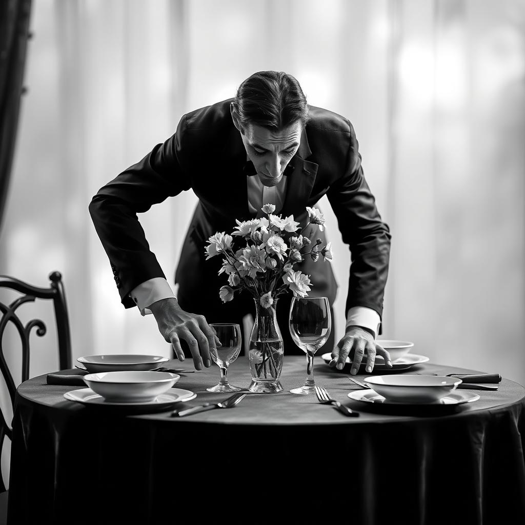 A stylized black and white image of a non-realistic man leaning over a table, elegantly setting the table with plates, cutlery, and a vase of flowers