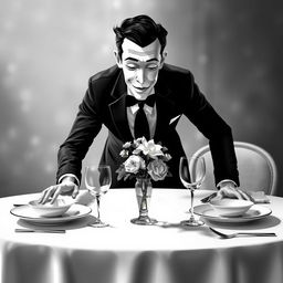 A stylized black and white image of a non-realistic man leaning over a table, elegantly setting the table with plates, cutlery, and a vase of flowers