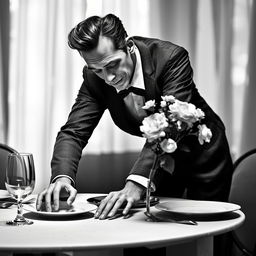 A stylized black and white image of a non-realistic man leaning over a table, elegantly setting the table with plates, cutlery, and a vase of flowers