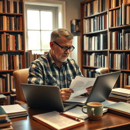An editor sitting in a cozy office space, focused on editing a manuscript on his laptop