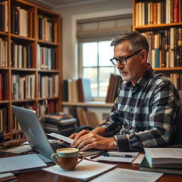 An editor sitting in a cozy office space, focused on editing a manuscript on his laptop